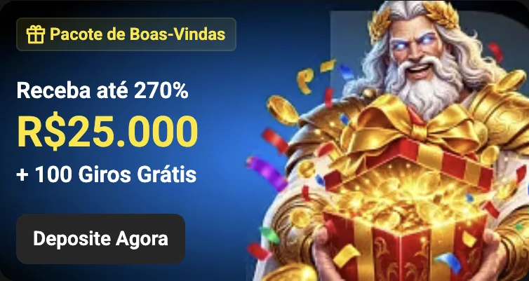 Pacote de boas-vindas: até 270% e R$ 25.000 + 100 giros grátis