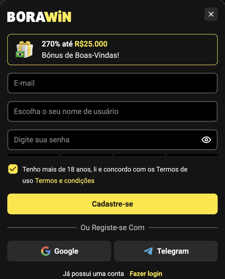 Janela de cadastro da Borawin: e-mail, nome de usuário, senha, caixa de 18 anos e entrada com Google ou Telegram