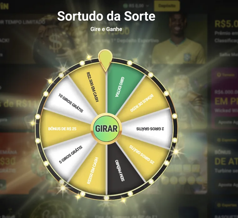 Roda Sortudo da Sorte da Borawin com 10 fatias, entre elas Sem prêmio, R$ 2.500 em cash e giros grátis